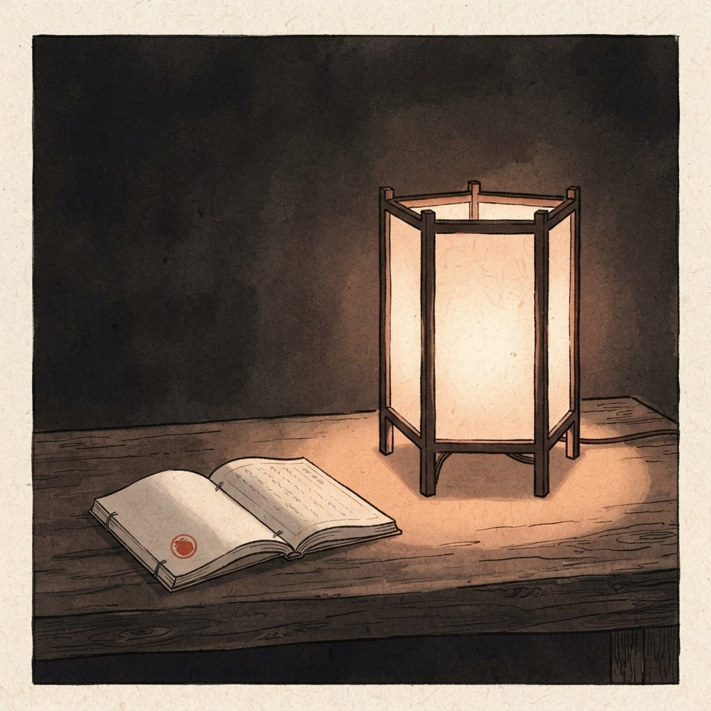 A softly lit paper lamp beside an open book on a wooden table at night.