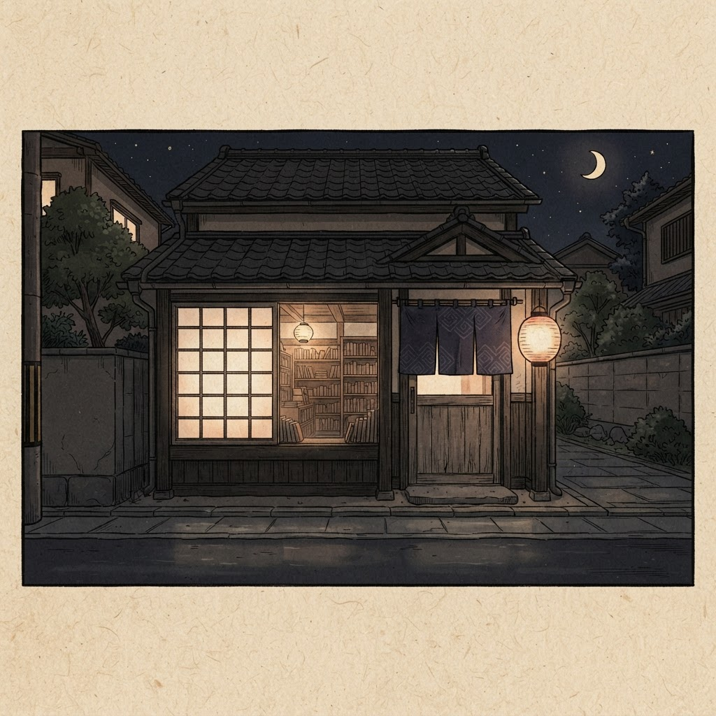 A small lamp-lit reading shop at night, shelves of books glowing behind a paper-screened window.